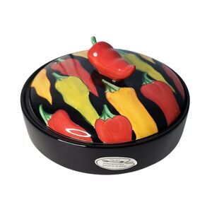 Clay Art Hand Painted Caliente Tortilla Warmer Dish With Lid Chili Peppers